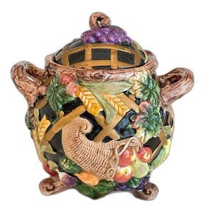 Vintage Ceramic Vibrant Harvest Grape/Cornucopia Footed Candy Dish/Lidded Jar 7"